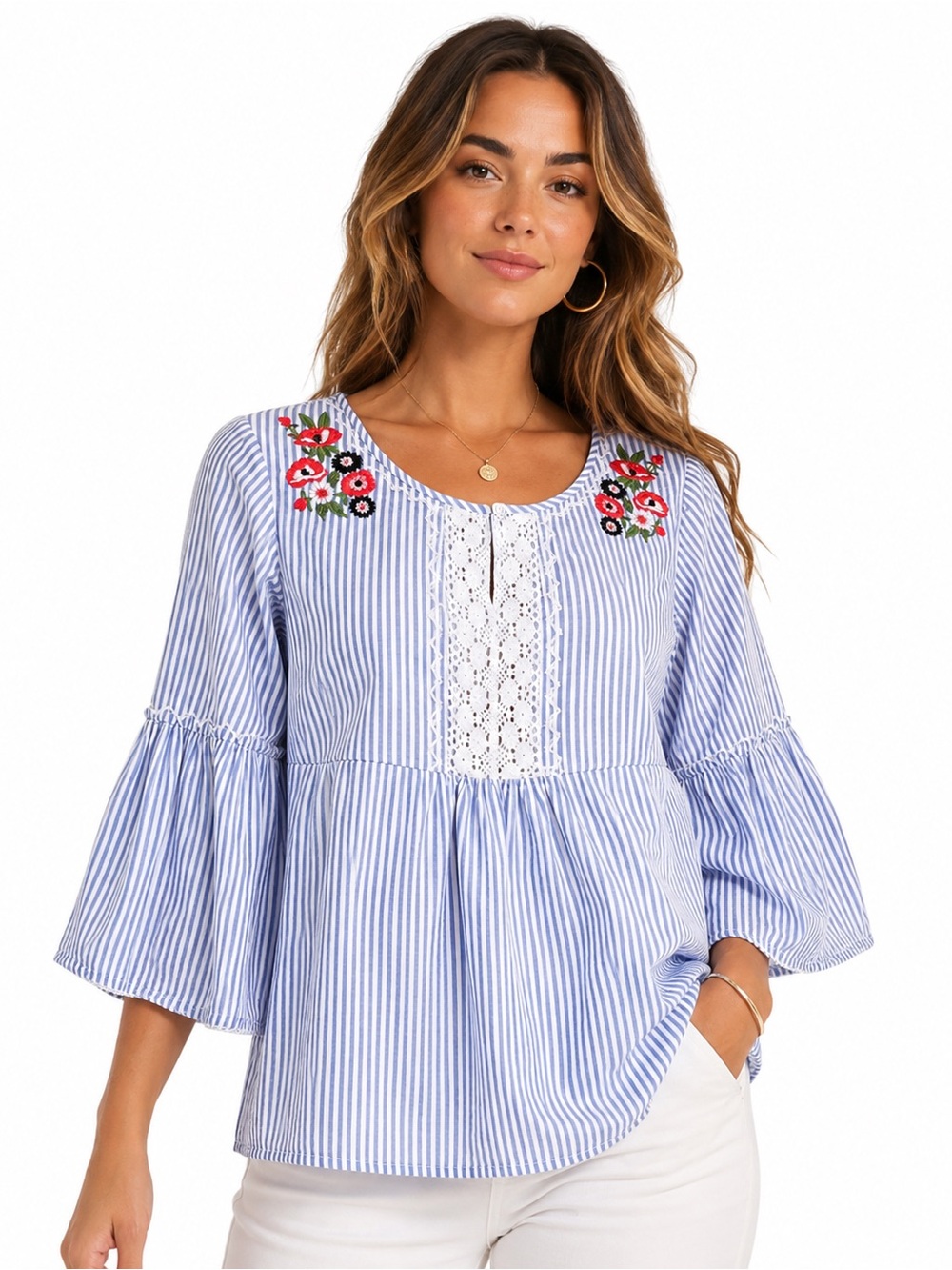 Crown & Ivy Womens Blue White Striped Cotton Top L Boho Chic Embroidered Blouse